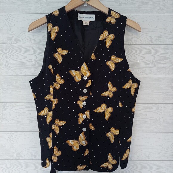 Norton McNaughton Sleeveless Vest Size 10 Butterflies Black Yellow Button Up - Picture 1 of 9